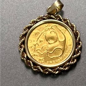 Gold Panda Coin Pendant Necklace 1985 .999 1/20 oz Au 14k bezel Rope Chain